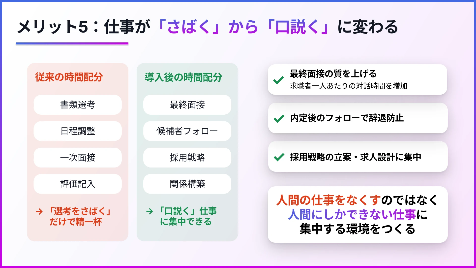 メリット⑤:採用担当者の仕事が「さばく」から「口説く」に変わる